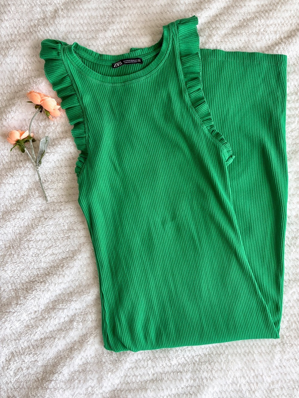 Zara Green Ribbed Midi Dress Ruffle Sleeve Cotton Stretch Bodycon XS Tank Dress